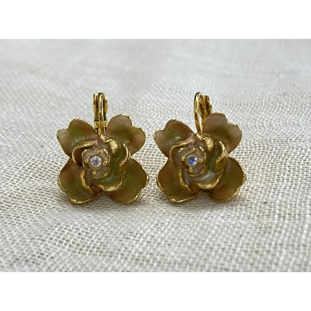 Joan Rivers Earrings Gold Tone Pastel Enamel Flower Dangle Drop Vintage‎ Y2K